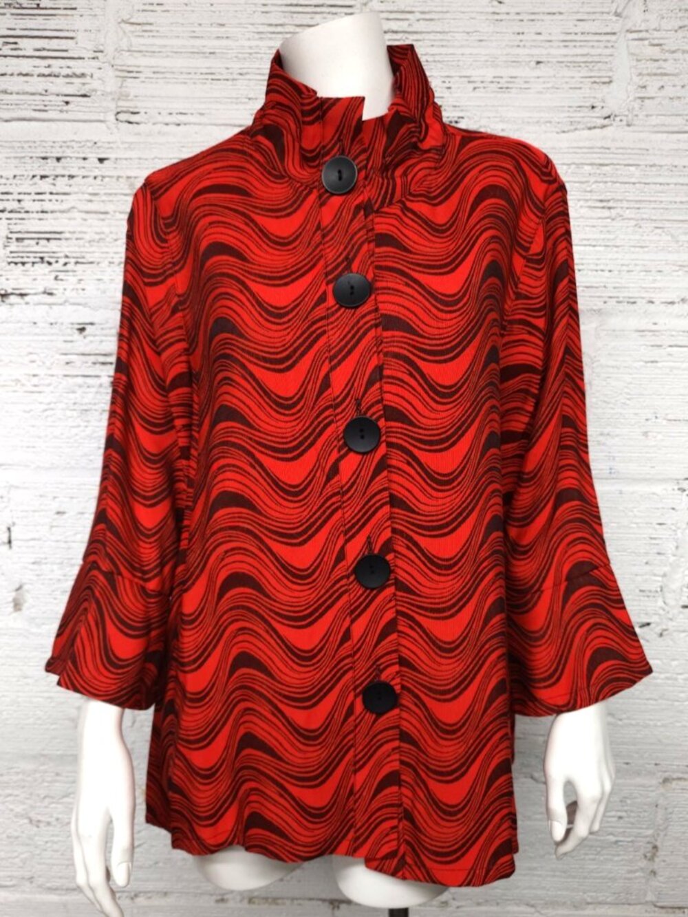 Ali Miles Size PL Scarlet Red & Black Wave Pattern Bell Sleeves Cardigan/Jacket